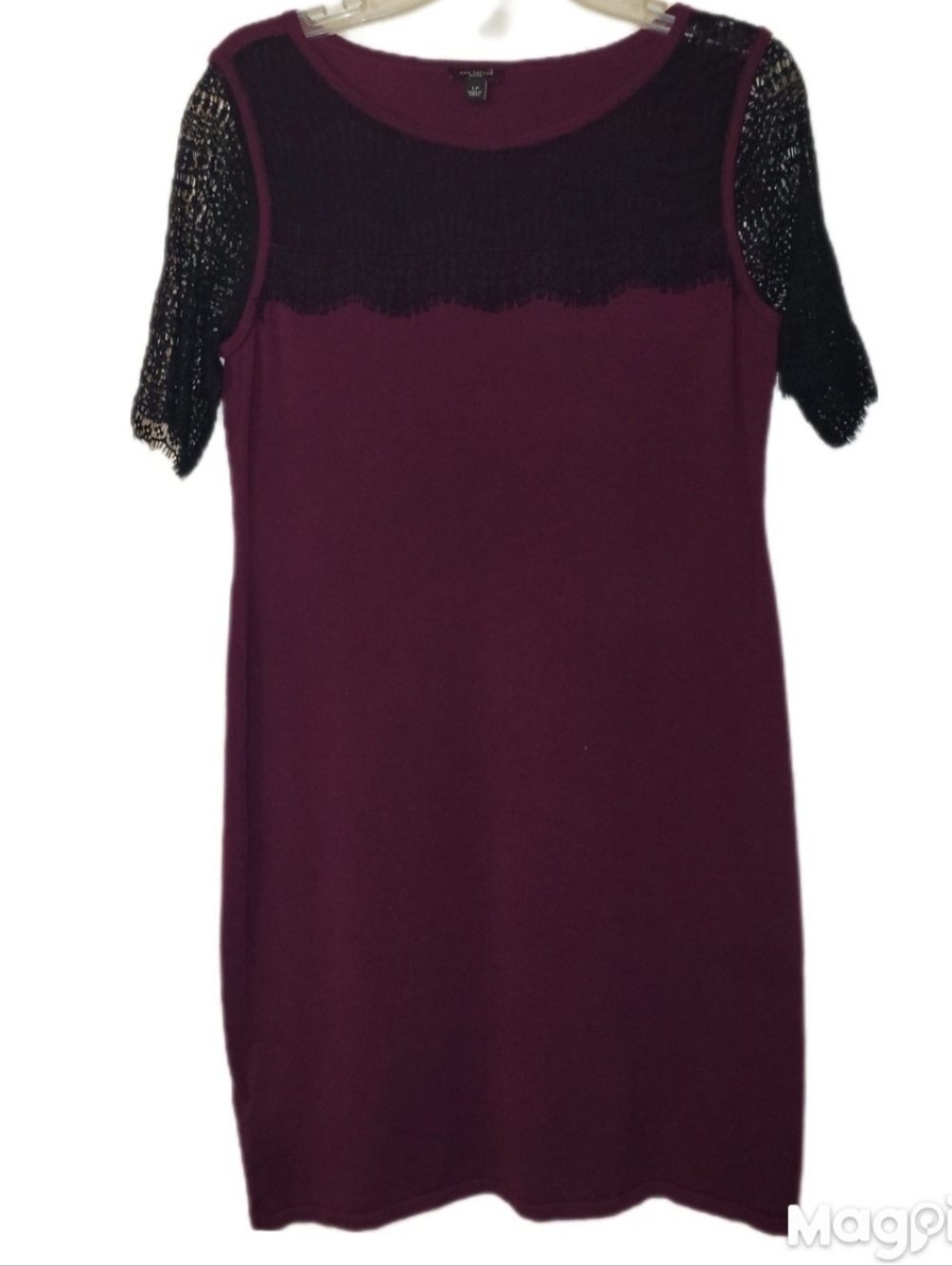 Ann Taylor Black Label Burgundy Black Lace Petite Large Knit Sweater Dress